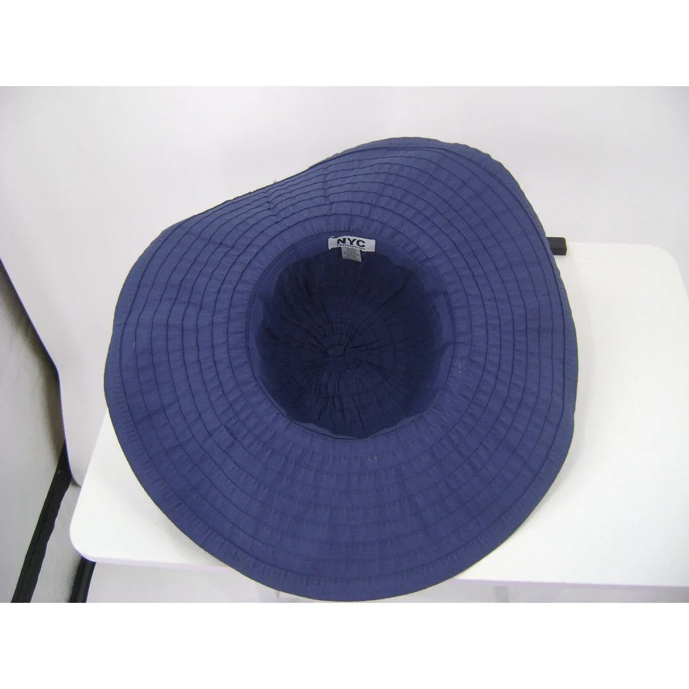 NYC Underground Navy Blue Wide Brim Sun Hat Pleated Tiered Summer Beach Hat OS